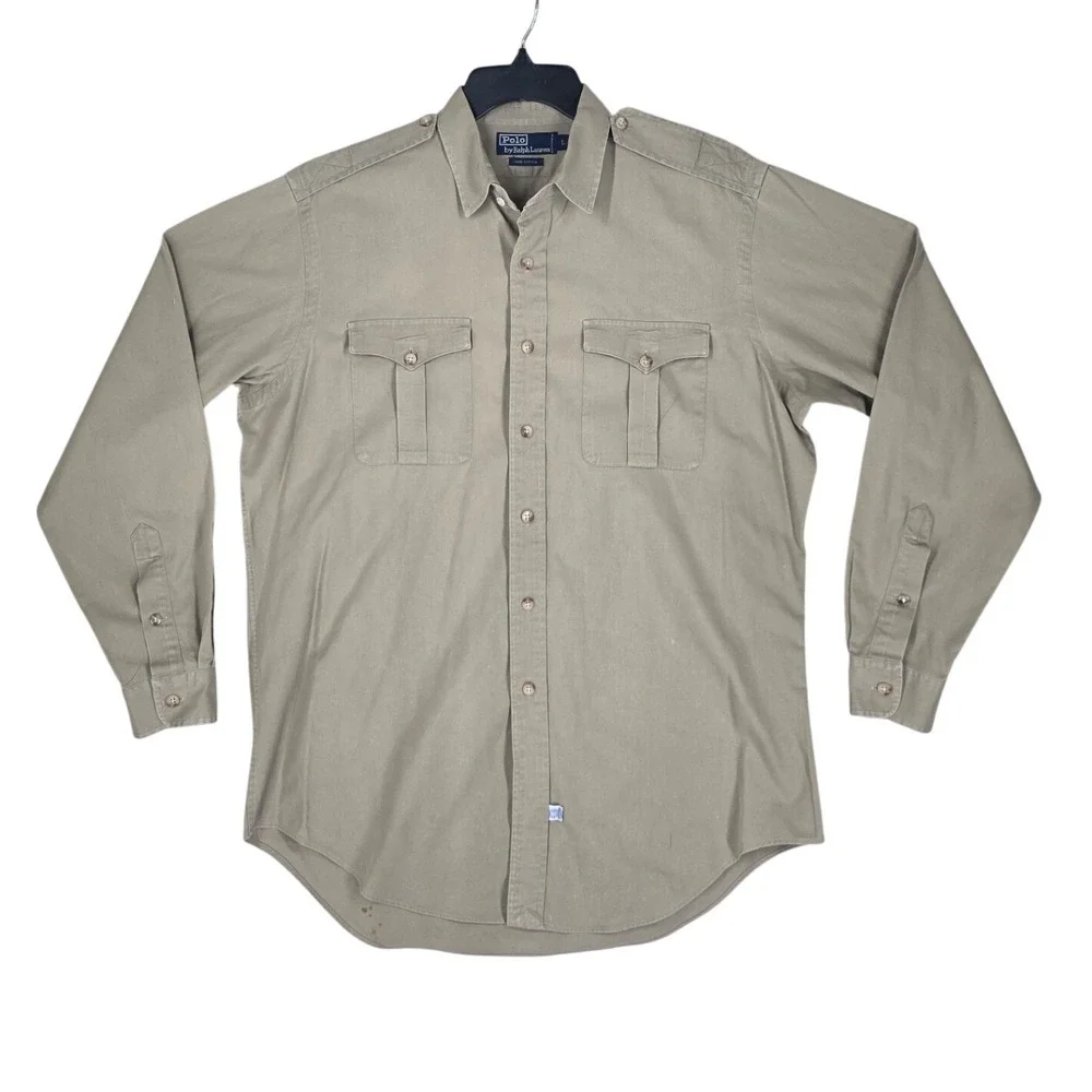 Vtg Y2K Polo Ralph Lauren Shirt Mens L Khaki Cotton Twill Safari Epaulette LS - Picture 2 of 11